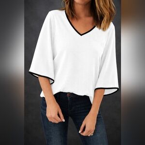 Elegant White V-Neck Blouse with Black Accents